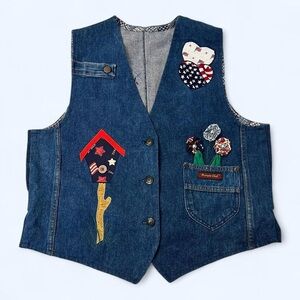 Vintage Grannycore Upcycled Denim Vest w Quilted Birdhouses & Florals